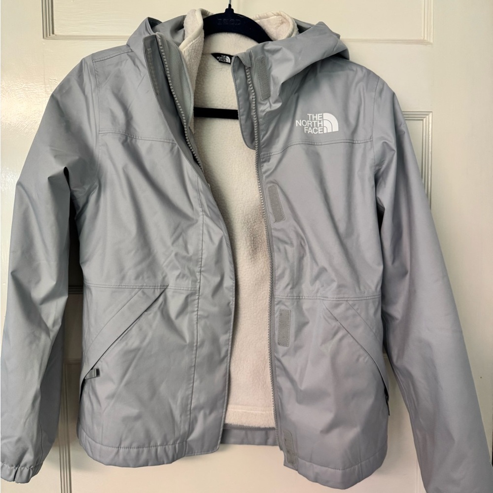 The North Face Kids Light Gray Rain Jacket with White Fleece Lining